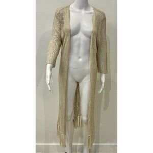 Vivid Importers Womens Crochet Open Knit Boho Duster Cardigan Sz L Ivory Fringe